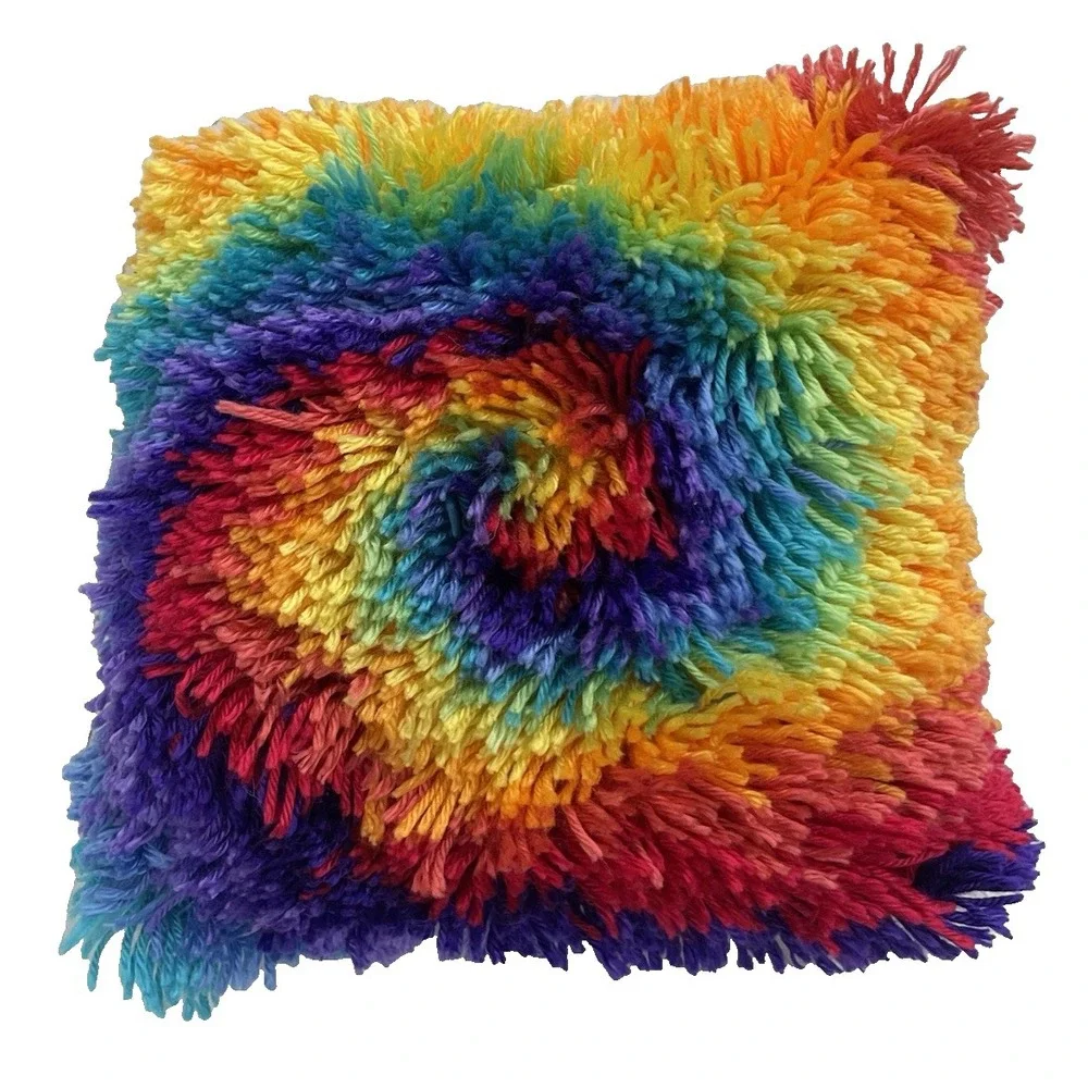 Vintage  Boho Hippie Rainbow Swirl Handmade Latch Hook Pillow Art 12x12
